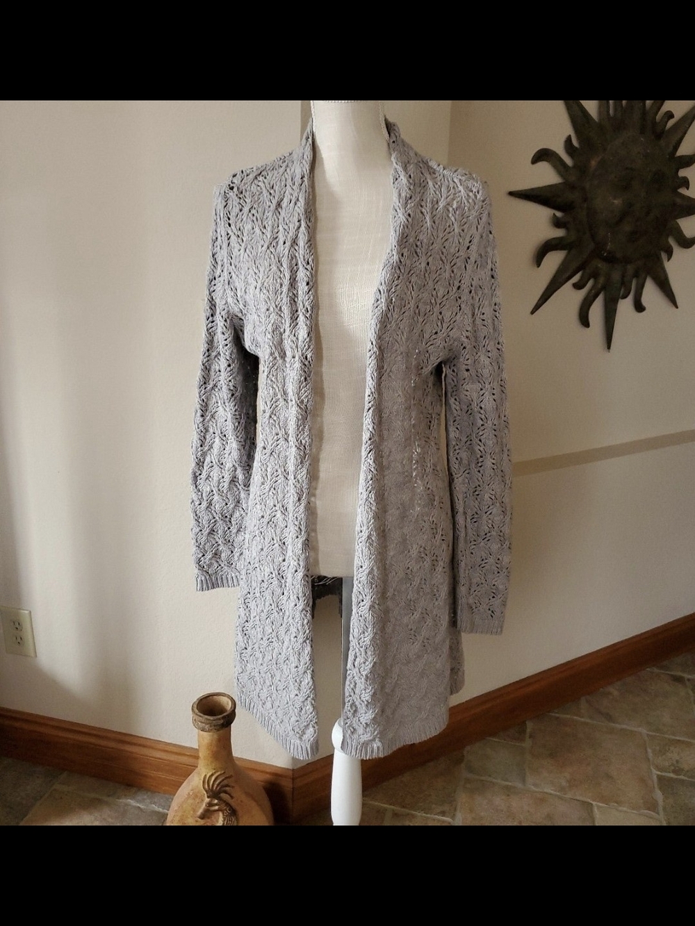 Light Gray Open-Front Knit Women's Sweater Cardigan Duster - Long Sleeved